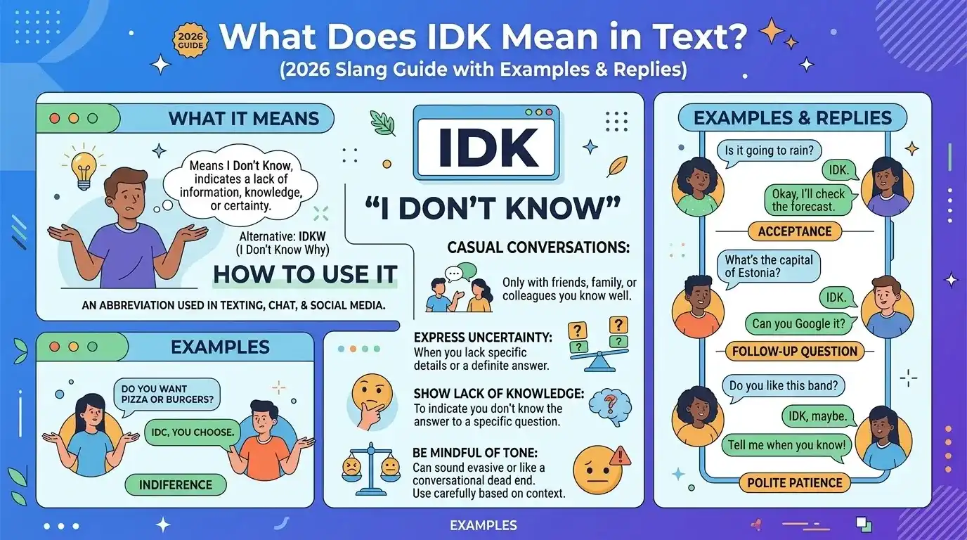 What Does IDK Mean in Text? (2026 Slang Guide with Examples & Replies)